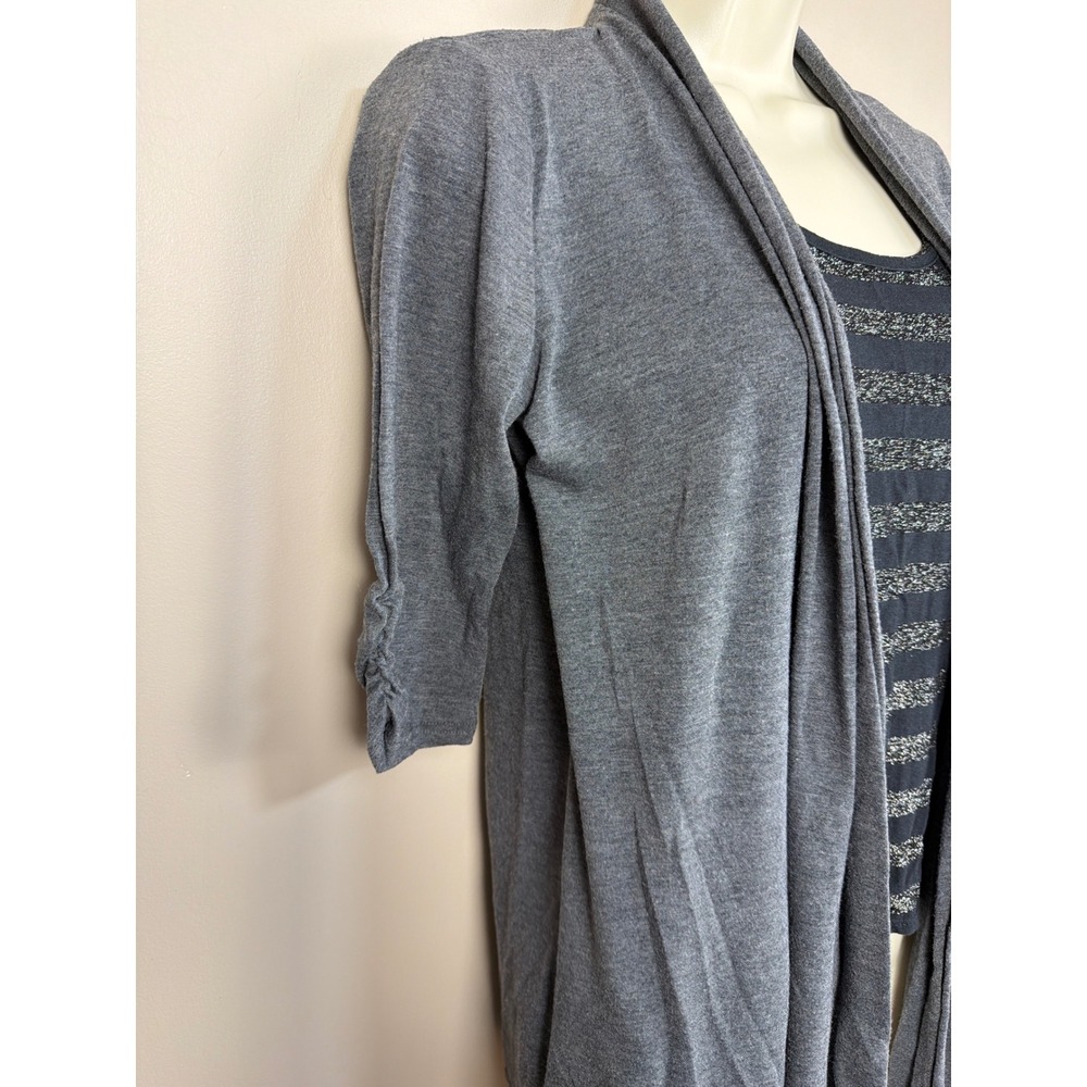 IZ Byer Women's Grey Black Cardigan Tank Top Set 3/4 Sleeve Ruched Size Small - Picture 6 of 9